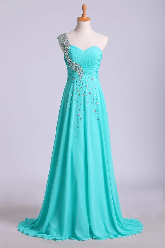 Prom Dress One Shoulder Ruffled Bodice With Rhinestone Beaded Strap
