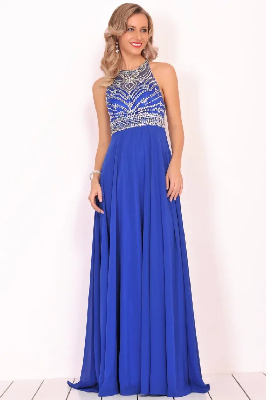 Prom Dresses A Line Scoop Open Back Chiffon With Beading