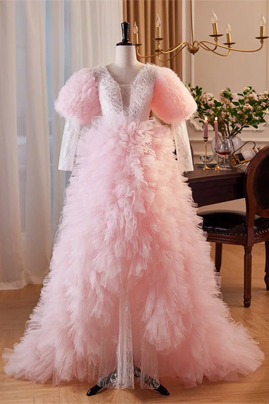Pink Deep V Neck Lace Sleeves Ruffle-Layers Hi-Low Formal Dress with Feathers