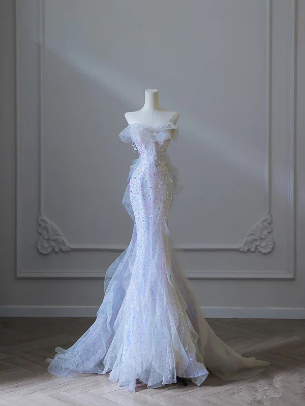 Gorgeous Strapless Mermaid Tulle Sequins Long Prom Dress Evening Gown, DP4468