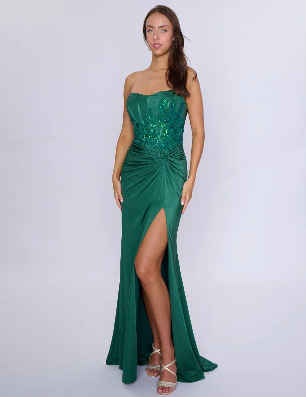 Nina Canacci 3274 Size 8 Emerald Sequin Corset Strapless Prom Dress Fitted Slit Formal Evening Gown