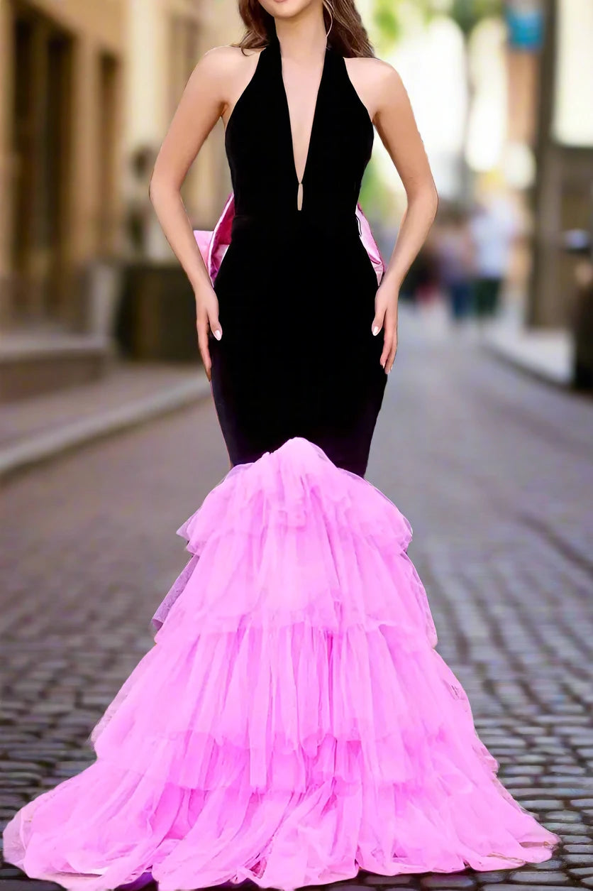 Low V-Neck Halter Open Back Two Tone Prom Dress