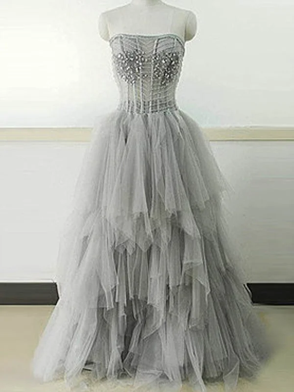 Light Gray Strapless Unique Vintage Formal Ball Gown Prom Dresses. PD070