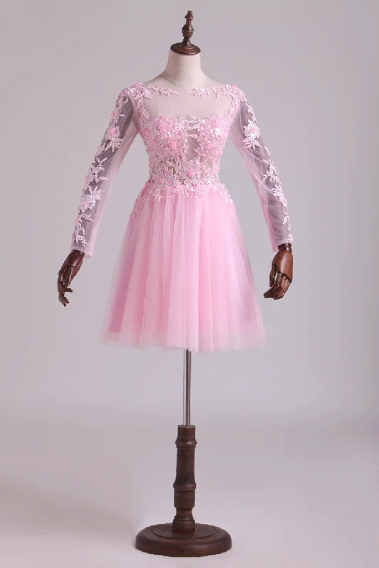 Bateau Homecoming Dresses A Line With Embroidery & Beads Tulle Mini