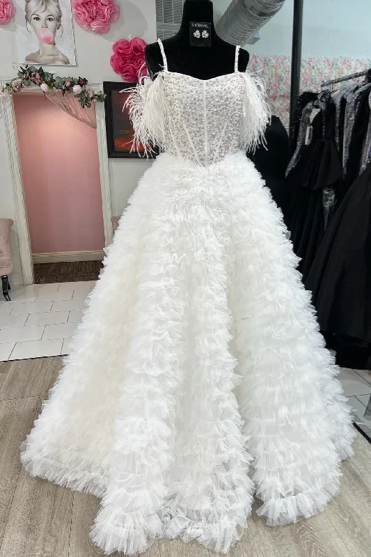 White Feathered Off-Shoulder Beaded Ruffled Layers Long Prom Dress