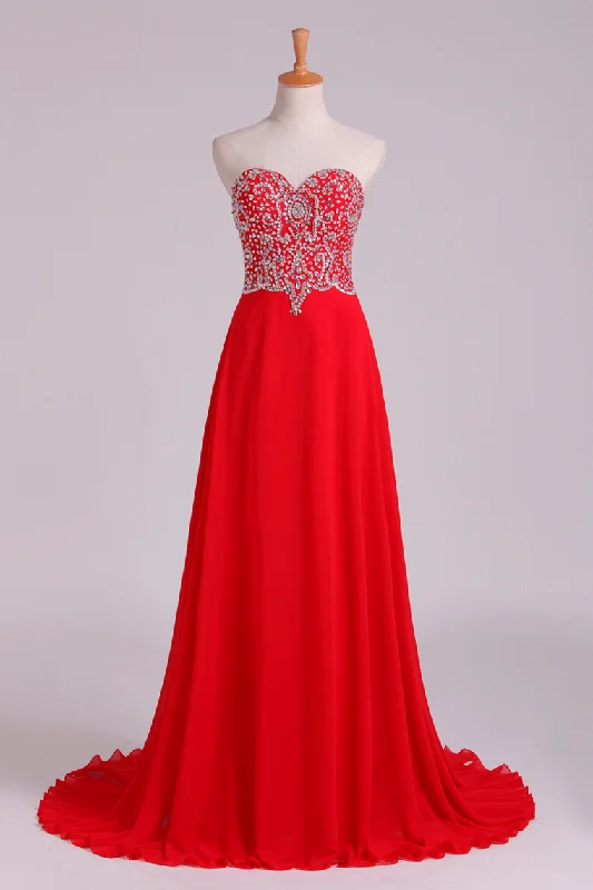 Prom Dress Sweetheart A Line Floor Length With Beads Chiffon&Tulle