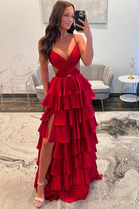 A-Line Tiered V-Neck Empire Long Party Prom Dress