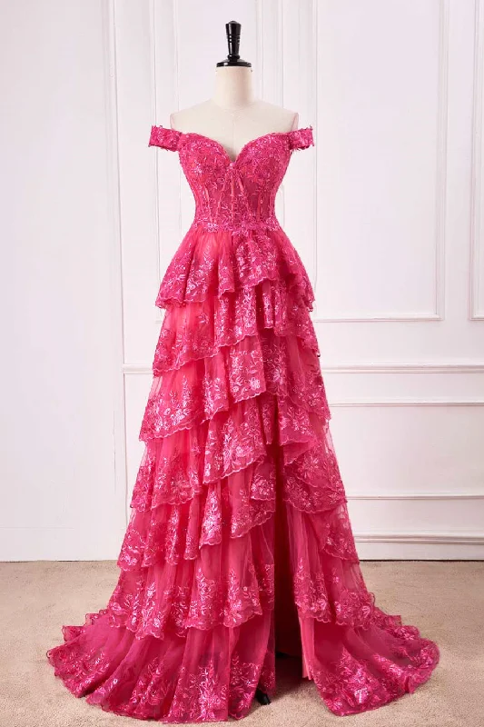 Hot Pink Off-Shoulder Sequined Layers A-line Long Prom Dress with Slit