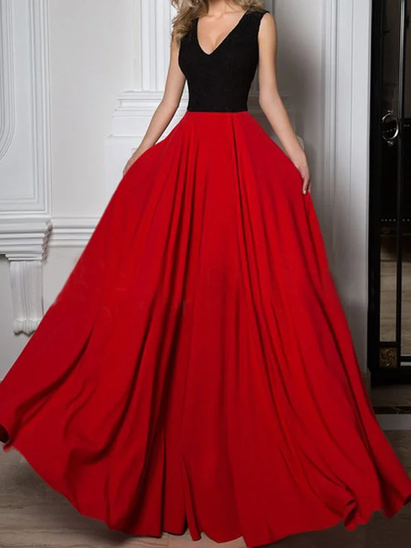 Simple Long A-line Black Lace Top Red Chiffon Sleeveless Charming Prom Dresses,PD00006 Simple Long A-line Black Lace Top Red Chiffon Sleeveless Charming Prom Dresses,PD00006