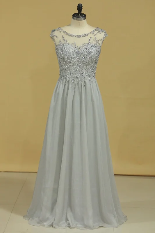 Plus Size Bateau Beaded Bodice A-Line Prom Dresses With Long Chiffon Skirt