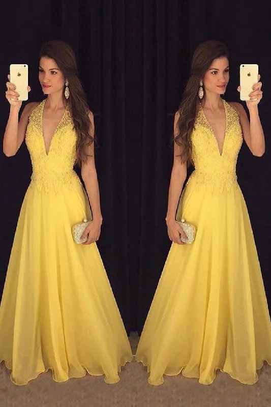 Prom Dresses A Line Halter Chiffon With Applique And Beads