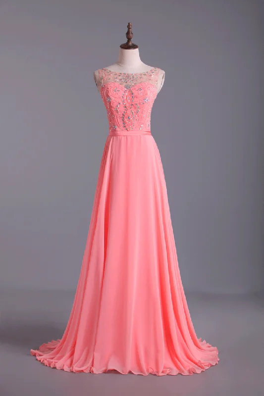 Bateau A-Line Chiffon Prom Dresses With Ribbon Sweep Train