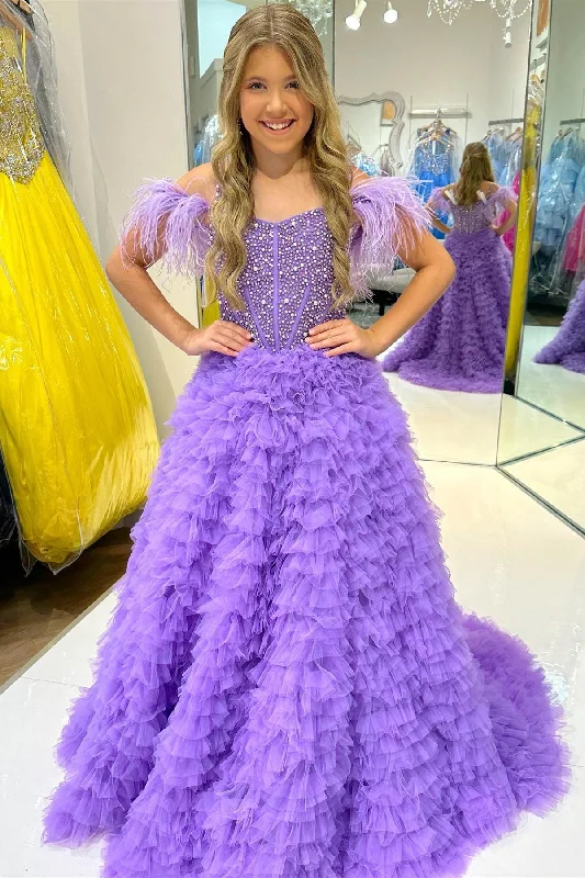 Purple Beaded Cold-Shoulder Ruffle Long Girl Pageant Dress