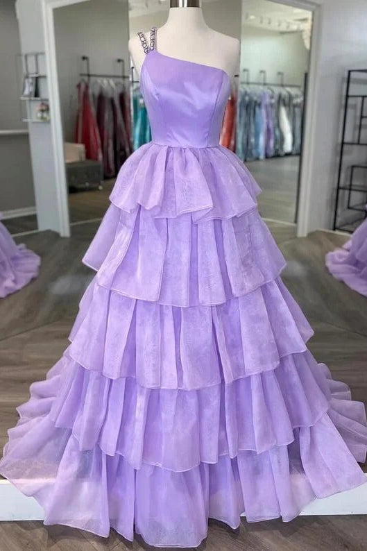 Tulle A-Line One Shoulder Sleeveless Tiered Prom Dress