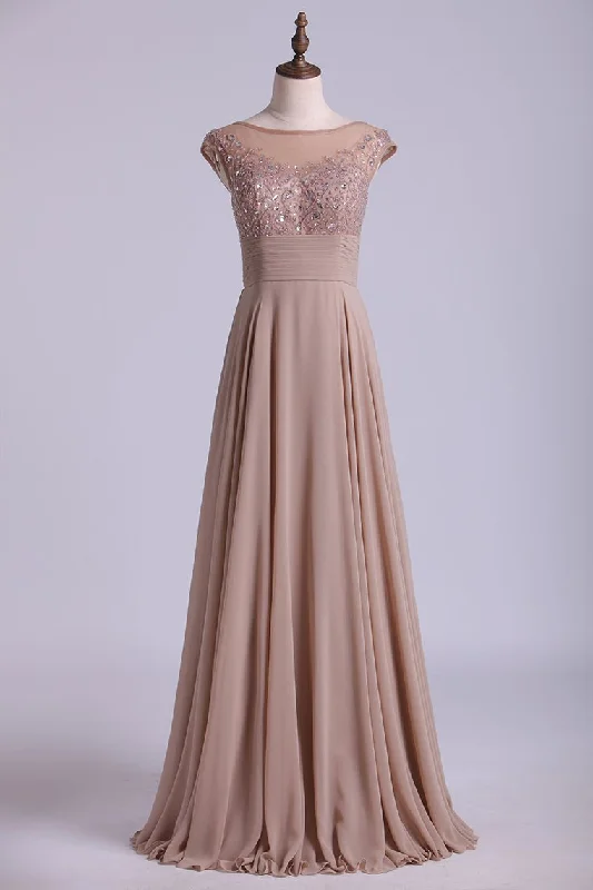 Bateau A-Line Prom Dresses Chiffon With Beads And Applique Floor Length