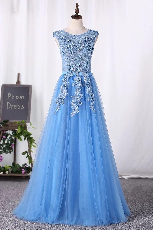 Prom Dresses A Line Lace Up Tulle Scoop With Applique And Sash