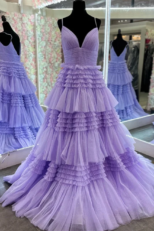 Lavender Layers Straps Deep V Neck A-line Long Prom Dress