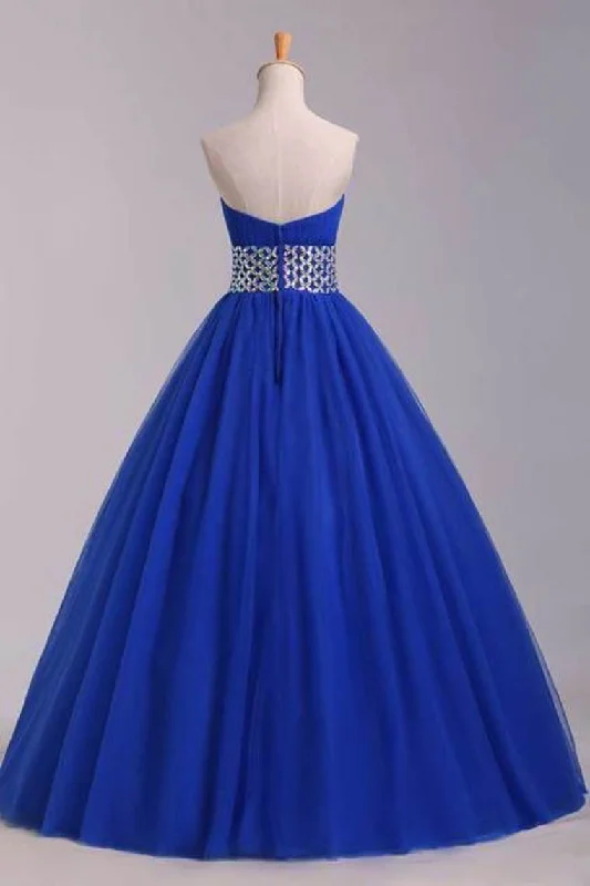 Prom Dress Strapless Dark Royal Blue A Line/Princess Pick Up Tulle Skirt Beaded Waistline