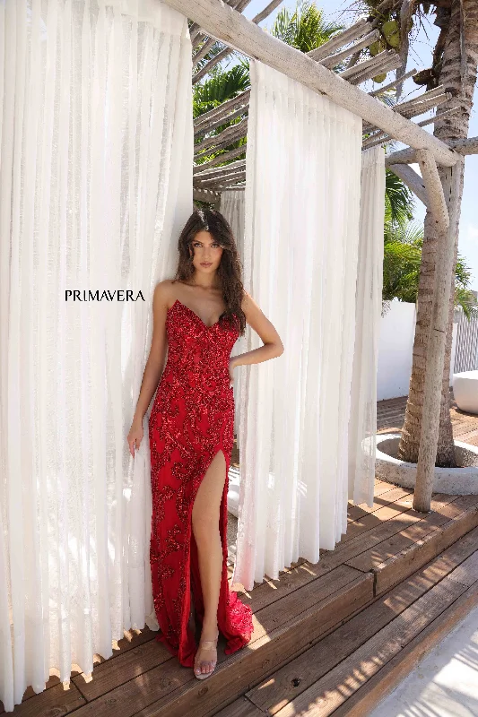 Primavera Couture 4356 Size 2,6 Red Fitted Beaded Sequin Prom Dress Corset Formal Evening Gown Slit
