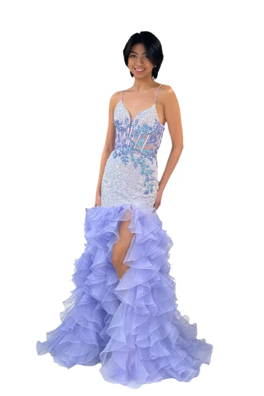 Lucci Lu 1395 Size 4, 14 Lilac Sheer Sequin Mermaid Prom Dress Ruffle Slit Formal Dress Corset Fit & Flare Gown Lucci Lu 1395 Size 4, 14 Lilac Sheer Sequin Mermaid Prom Dress Ruffle Slit Formal Dress Corset Fit & Flare Gown