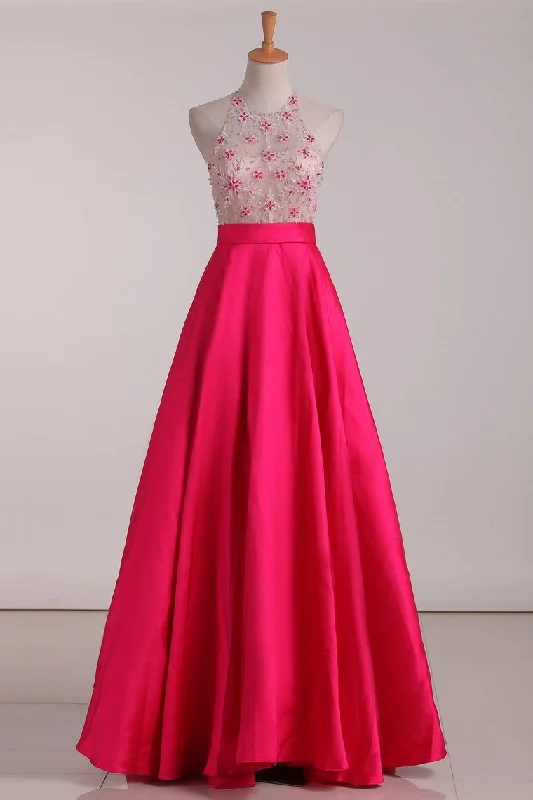 A Line Scoop Beaded Bodice Open Back Satin Floor Length Prom Dresses