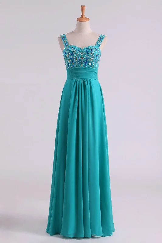 Prom Dress Straps Beaded Bodice Pleated Waistband A Line Chiffon