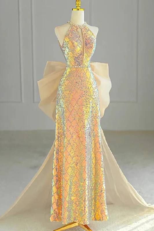 Gorgeous Gold Halter Sequins Glitter Long Prom Dress Evening Gown, DP3211