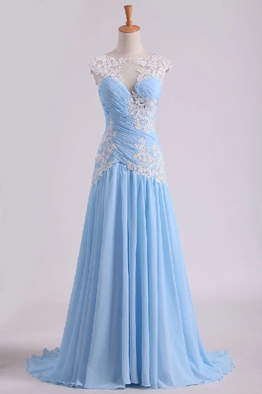 Prom Dress Bateau Neckline Pleated Bodice Pick Up Chiffon Skirt With Applique