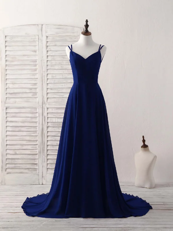 Simple Blue Chiffon Long Prom Dress Backless Blue Evening Dress