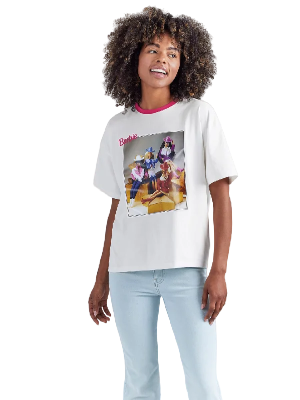 Wrangler Women's Barbie And Friends Girlfriend Ringer Tee In White Shirts Collared Crew Neck Turtle Neck