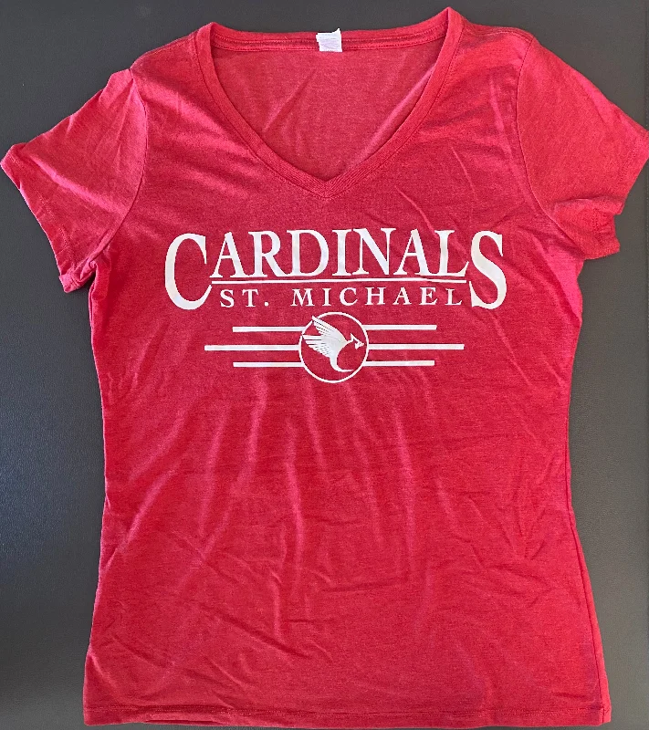 2024 - Tee - Women's Vneck with Lined Logo - Red Asymmetrical Pockets Print