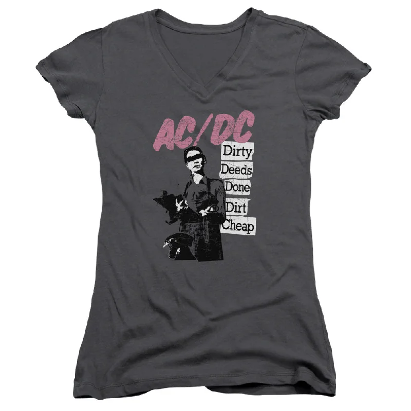 AC/DC Dirty Deeds Junior's 30/1 100% Cotton Cap-Sleeve Sheer V-Neck T-Shirt Solid Print Embellished AC/DC Dirty Deeds Junior's 30/1 100% Cotton Cap-Sleeve Sheer V-Neck T-Shirt Solid Print Embellished