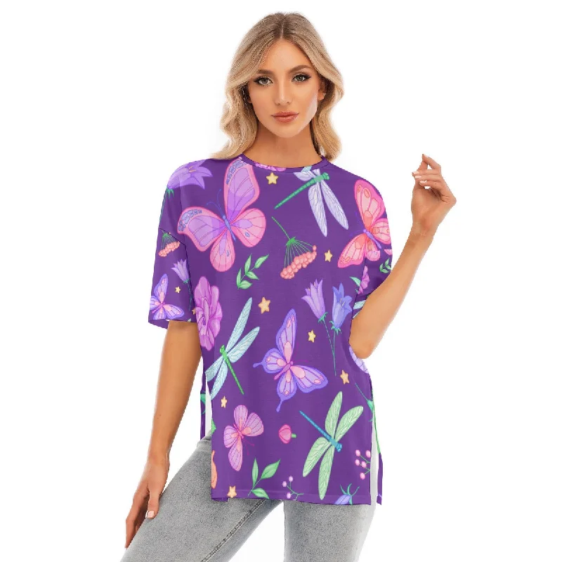 All-Over Print Women's Short Sleeves T-shirt With Hem Split Wool Fabric Cashmere Fabric Tweed Fabric