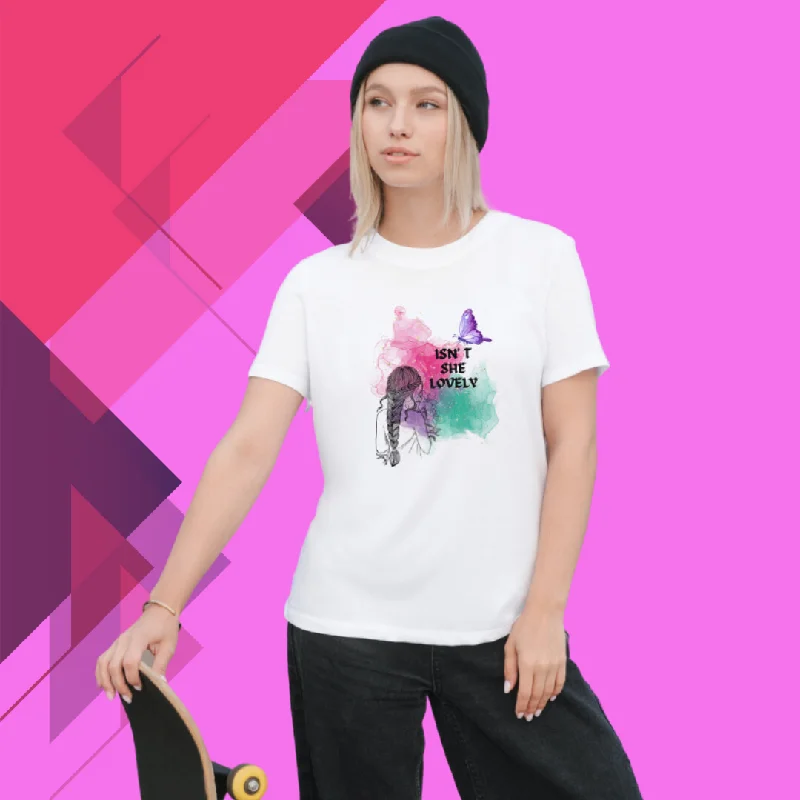 "Celebrate Beauty with Our 'Isn't She Lovely' Printed Women's White T-Shirt" Zippered Front Buttoned Front Snap Front "Celebrate Beauty with Our 'Isn't She Lovely' Printed Women's White T-Shirt" Zippered Front Buttoned Front Snap Front