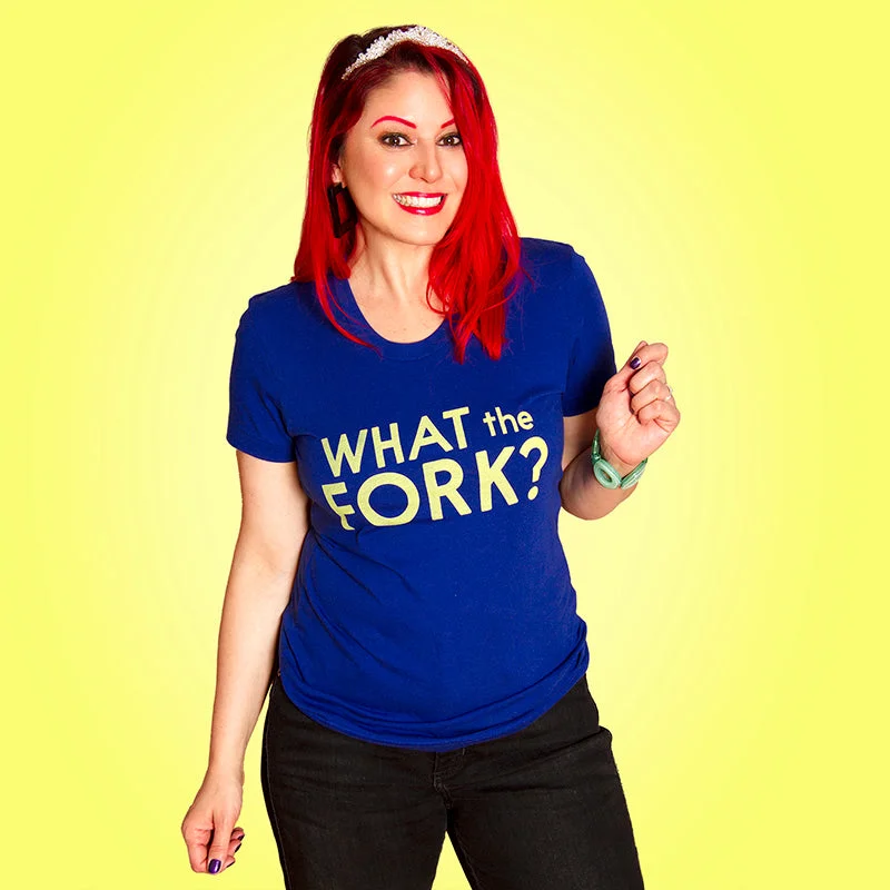 WHAT THE FORK?  Women/Junior Fitted T-Shirt Mesh Blend Leather Blend Suede Blend