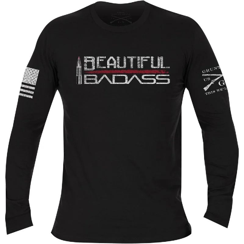 Grunt Style Women's Beautiful Badass Long Sleeve T-Shirt - Black Silk Blend Satin Velvet