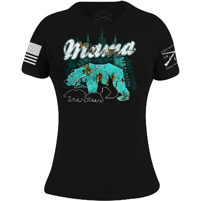 Grunt Style Women's Realtree Xtra Sea Glass Mama Bear T-Shirt - Black V-Neck T-Shirt Long Sleeve Cotton