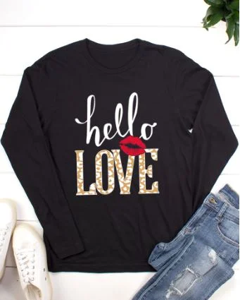 BELLA CLOSET HELLO LOVE LONG SLEEVE T-SHIRT Houndstooth Herringbone Solid