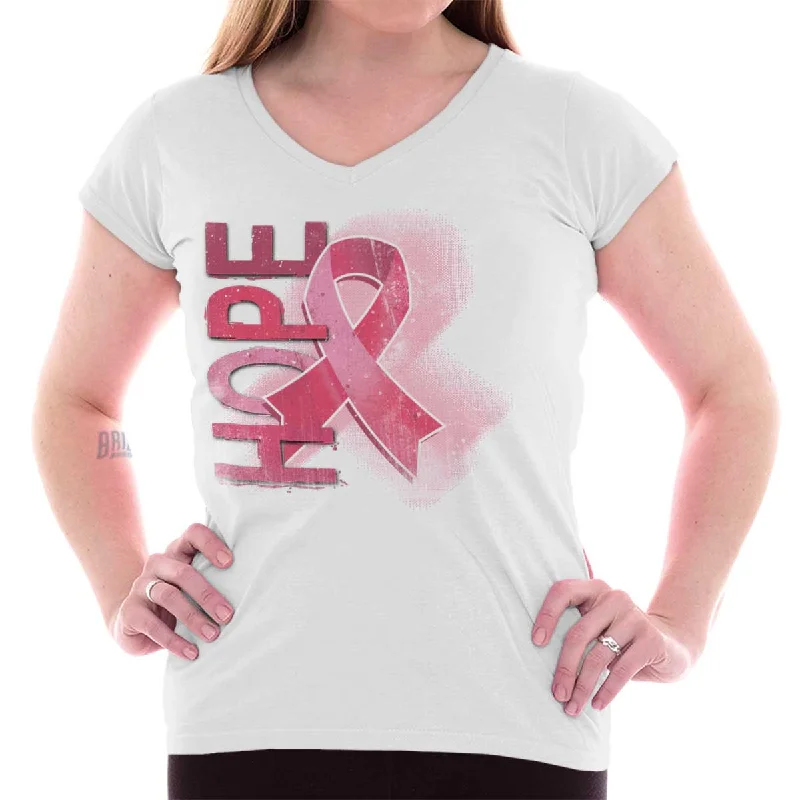 Hope Pink Ribbon Junior Fit V-Neck T Shirt Sequined Glittery Shiny