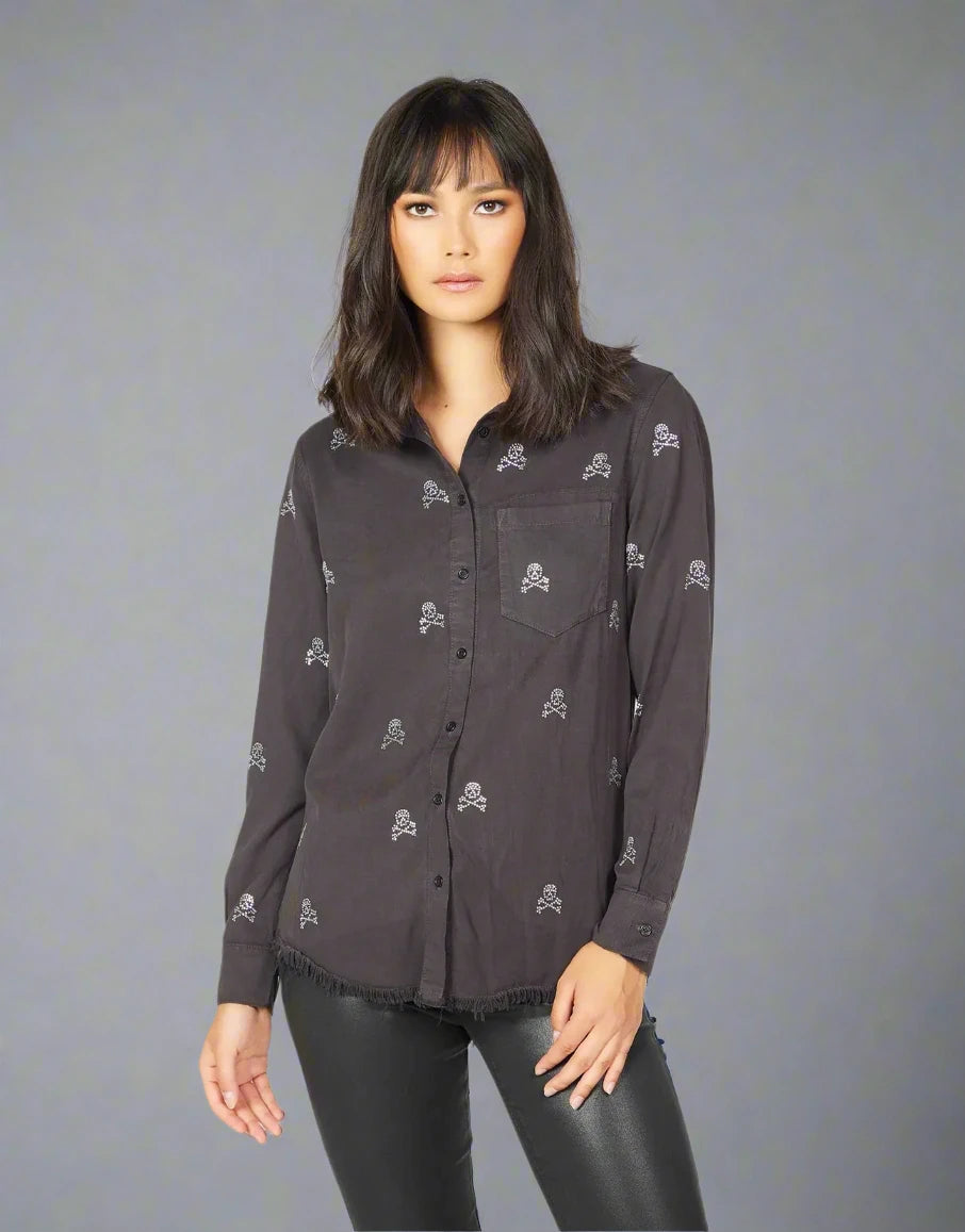 Lauren Moshi Sloane Mini Crystal Cross Bone Skulls Shirt Cashmere Blend Cotton Blend Poly Blend