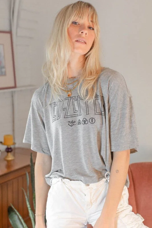 Led Zeppelin Logo Cropped Tee Notch Collar Peter Pan Collar Cowl Neck