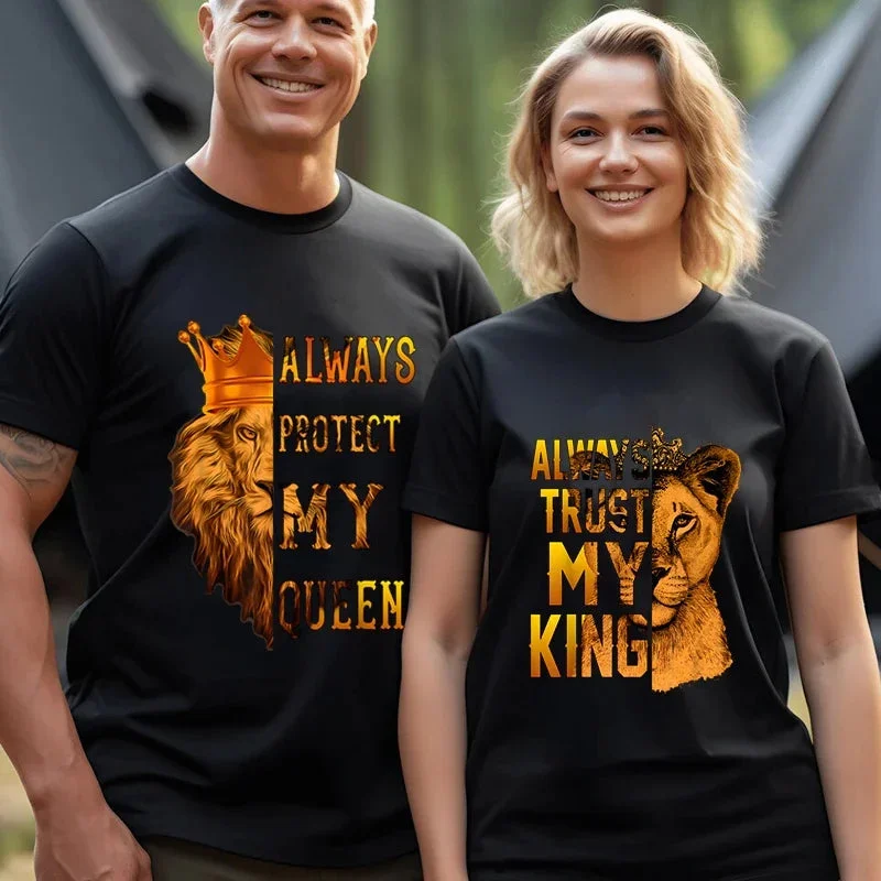 Lion King Always Protects Lion Queen Couple T-shirts Houndstooth Herringbone Solid