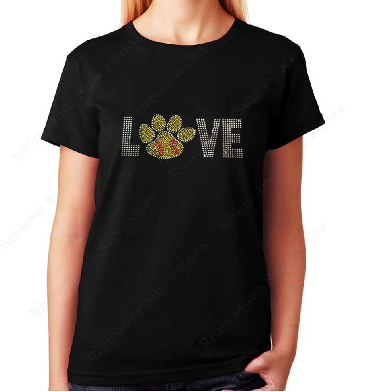 Women Unisex T-Shirt with Love Softball Paw in Rhinestones Hooded Caped Shawl Collar