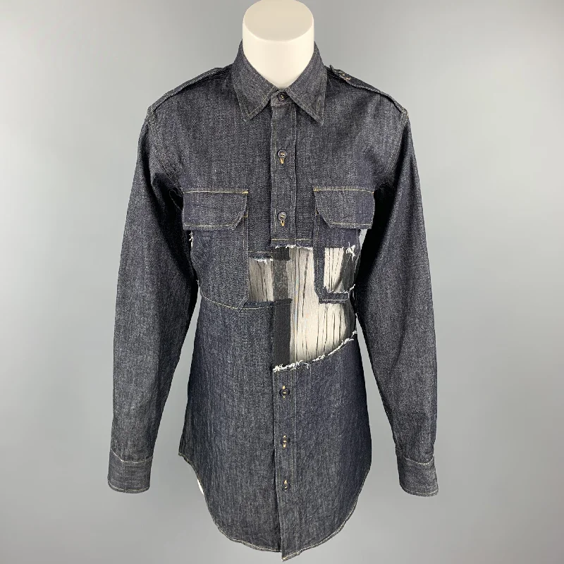 MAISON MARGIELA Size 0 Navy Denim Mesh Trim Oversized Shirt Denim Fabric Leather Fabric Suede Fabric