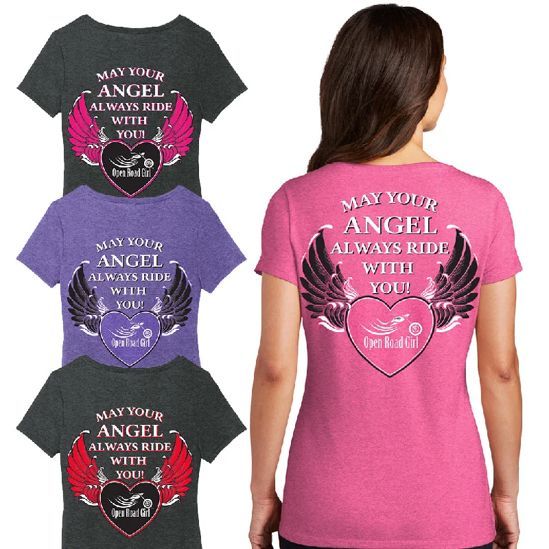 May your Angel Always Ride with You Frost V-neck Shirt, 3 Colors Fitted T-Shirt Seamless Stretchy