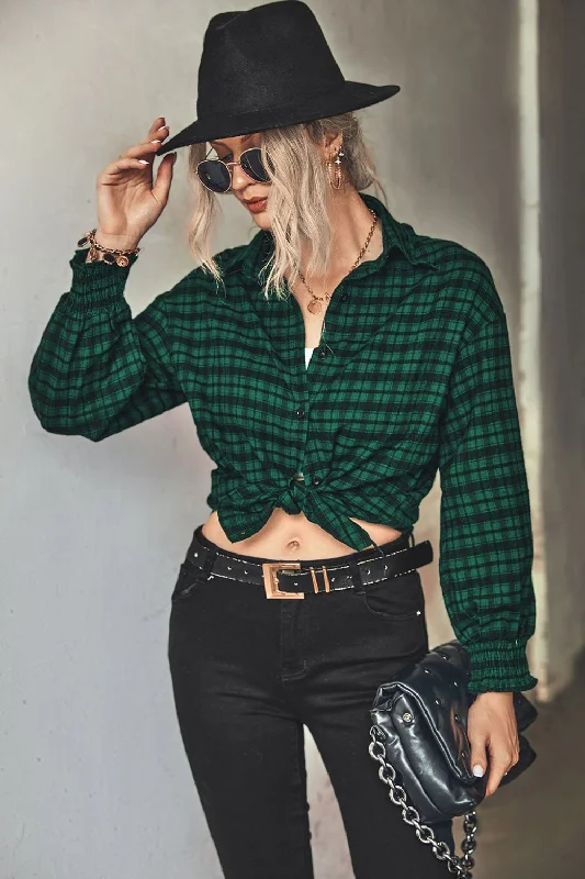 Plaid Button Front Dropped Shoulder Shirt Front Pockets Side Pockets Patch Pockets