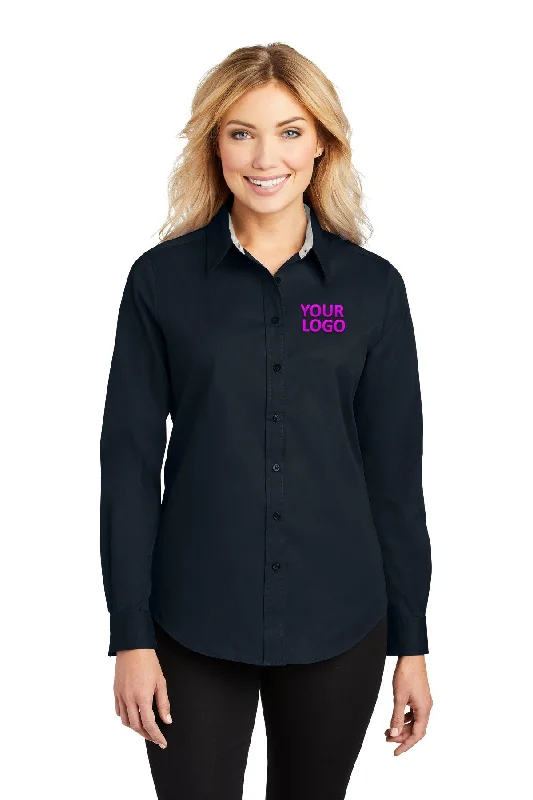 Port Authority Ladies Branded Easy Care Shirts, Classic Navy/ Light Stone Collared T-Shirt Boat Neck A-Line