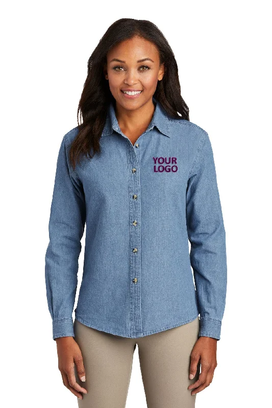 Port & Company Ladies Long Sleeve Custom Denim Shirts, Faded Blue Solid Print Embellished