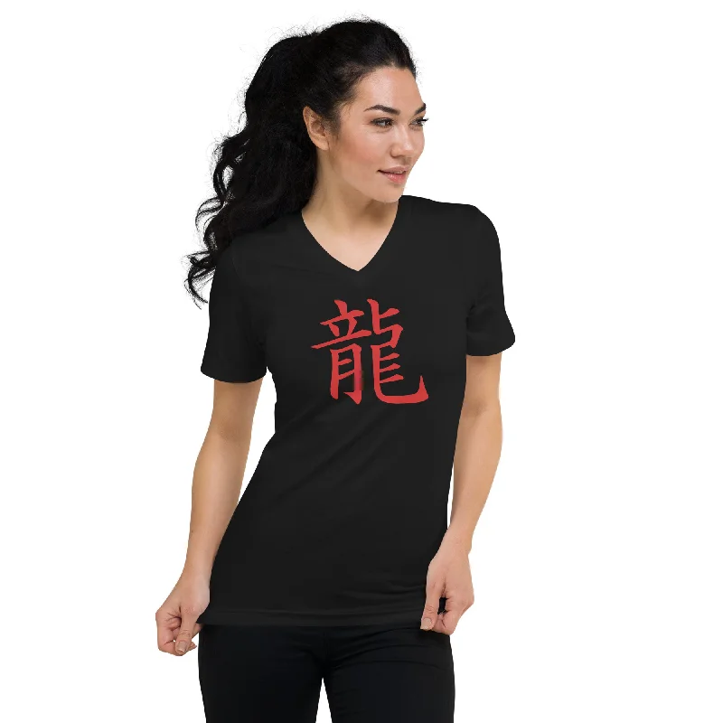 Red Dragon Symbol Japanese Kanji Anime Short Sleeve V-Neck T-Shirt Polka Dot Checkered Tartan