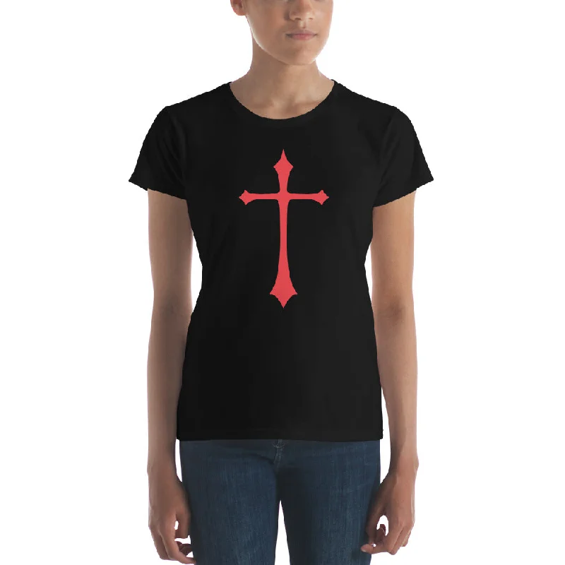 Red Gothic Medeival Holy Cross Women's Short Sleeve Babydoll T-shirt Collared Crew Neck Turtle Neck Red Gothic Medeival Holy Cross Women's Short Sleeve Babydoll T-shirt Collared Crew Neck Turtle Neck